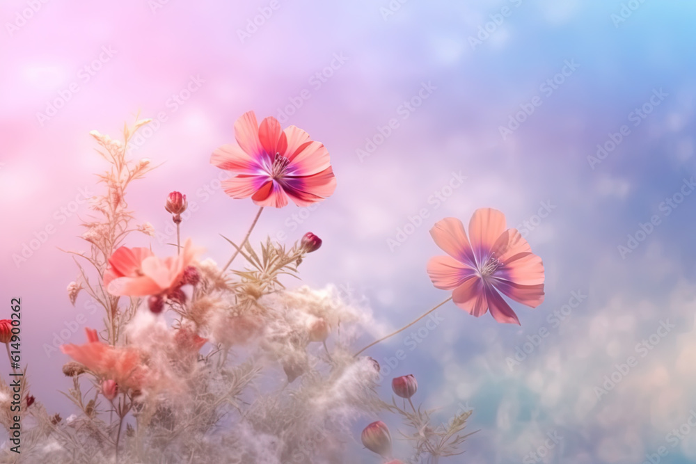 Soft pastel Spring and Summer background with fresh blossom flowers and leaves in mist. Generative AI Soft pastel Spring and Summer background with fresh blossom flowers and leaves in mist. Generative AI