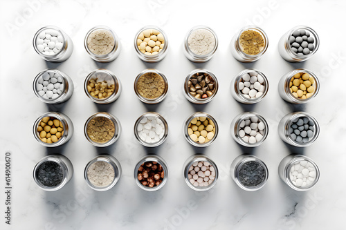 top view of small glass jars with probes of spices and medicinal plants on a white background, generative ai