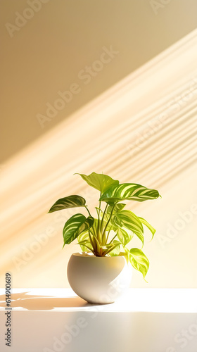 palm tree on a uniform simple background with a shadow from the leaves with copy space, a vertical color background with space for text and an exotic houseplant in a pot in the sun, generative ai