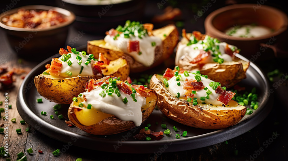Illustration of baked potatoes - AI generated image. Illustration of baked potatoes - AI generated image.