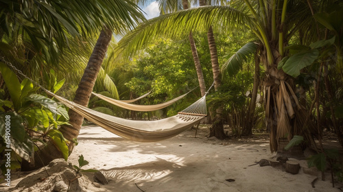 A secluded hammock between two palm trees  inviting relaxation