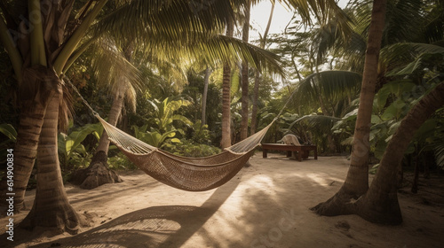 A secluded hammock between two palm trees  inviting relaxation