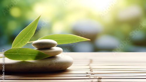 spa stones on blurred background, wooden table and bamboo blurred background with space for text, generative ai