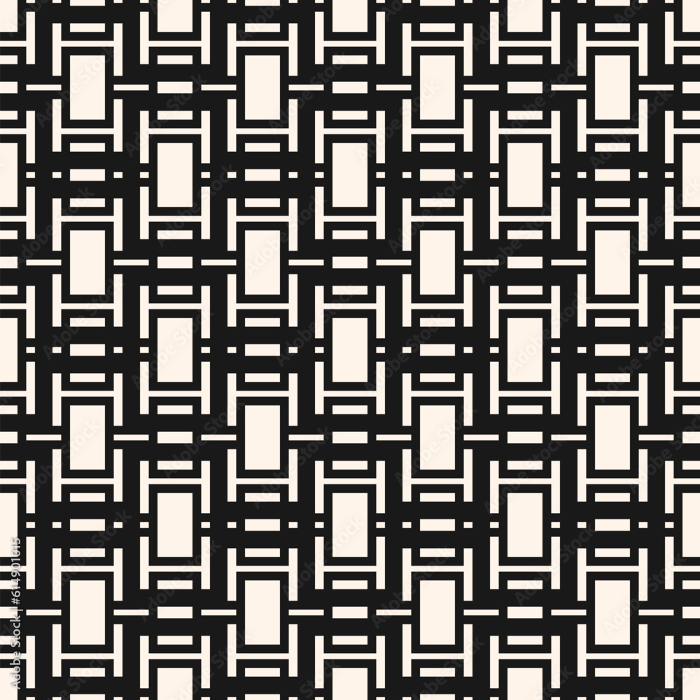 Simple black and white geometric seamless pattern. Vector abstract texture with grid, lattice, lines, squares, rectangles, stripes. Modern monochrome background. Geo ornament. Repeat minimal design