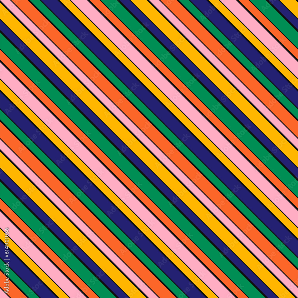 Simple diagonal stripes vector seamless pattern. Funky texture in trendy bright colors, green, pink, orange, blue, yellow. Abstract striped background with parallel slanted lines. Repeat geo design