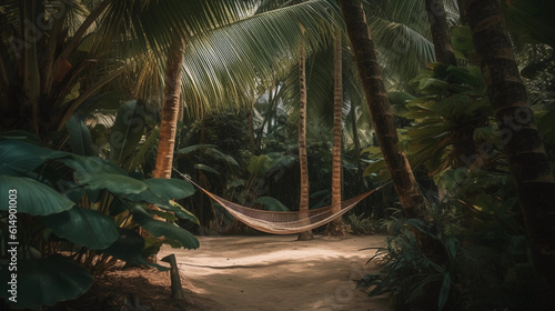 A secluded hammock between two palm trees  inviting relaxation