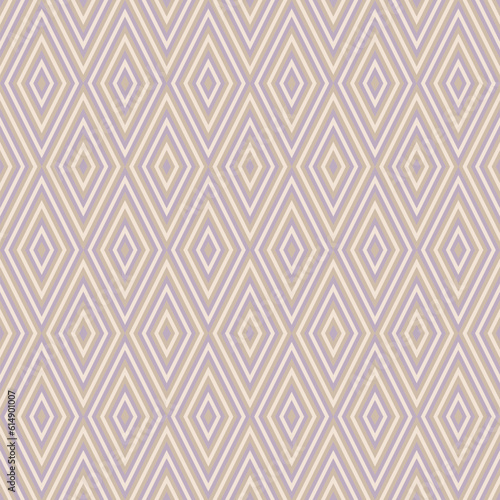 Vector geometric seamless pattern. Abstract graphic background with diamonds, rhombuses, grid. Lilac, gold and beige color. 1970s - 1980s style ornament. Repeat retro vintage geo design for decor