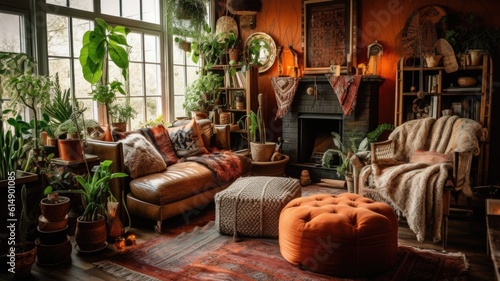 Living room decor, home interior design . Rustic Bohemian style with Fireplace decorated with Wood and Textile material . Generative AI AIG26. photo