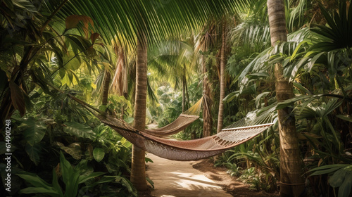 A secluded hammock between two palm trees  inviting relaxation