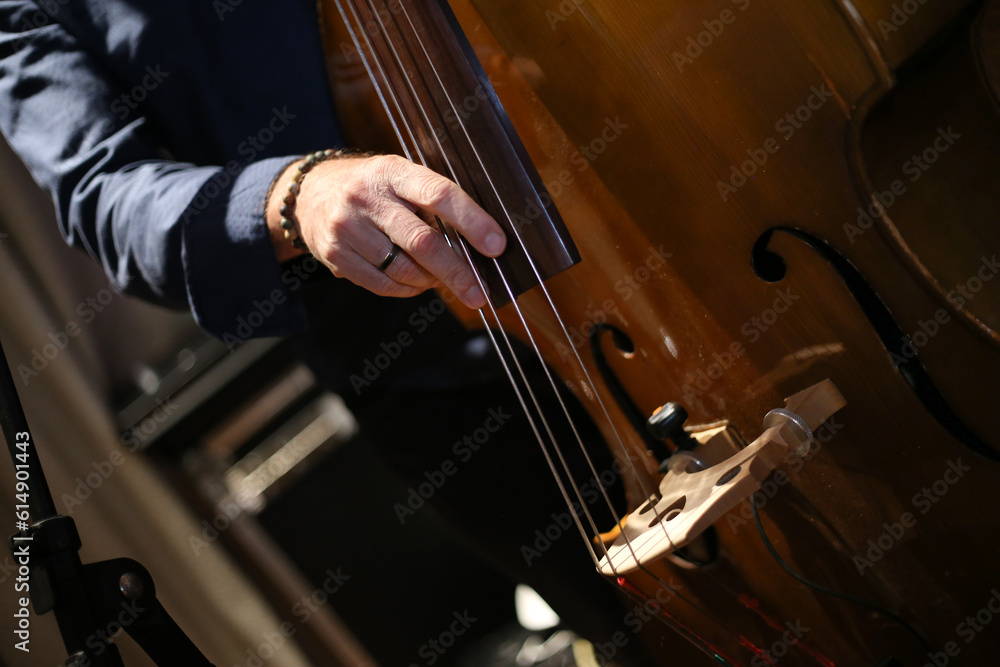 Obraz na plátně A mão habilidosa de um músico desliza pelas cordas de um contrabaixo, emanando notas suaves e envolventes, enquanto o som do jazz ou blues preenche o ambiente durante um jantar descontraído