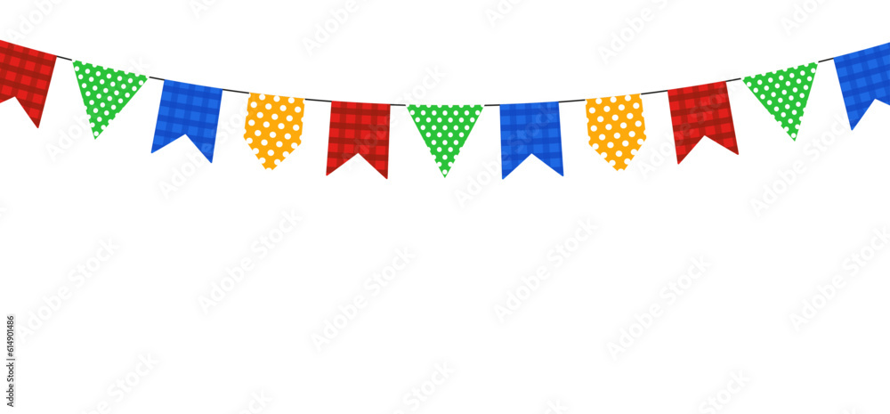 Φωτογραφία colorful flags with prints, different shapes hanging from a rope, party, festiva