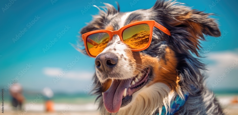 australian shepherd dog in sunglasses on beach Generative AI