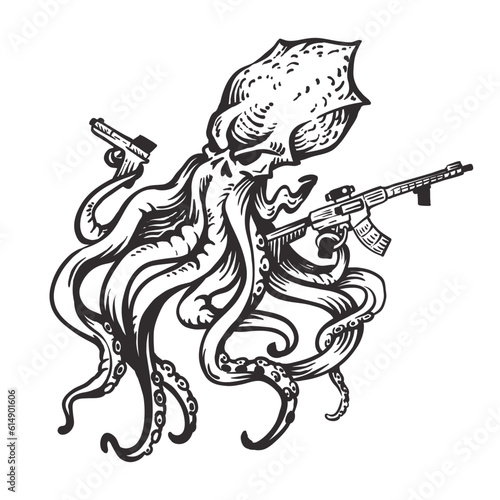 Kraken octopus gangster with guns in his tentacles. Ink engraved style, vector illustration