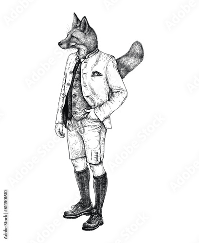Vector hand drawn Fox like a gentleman in traditional cloth. Ink engraved style