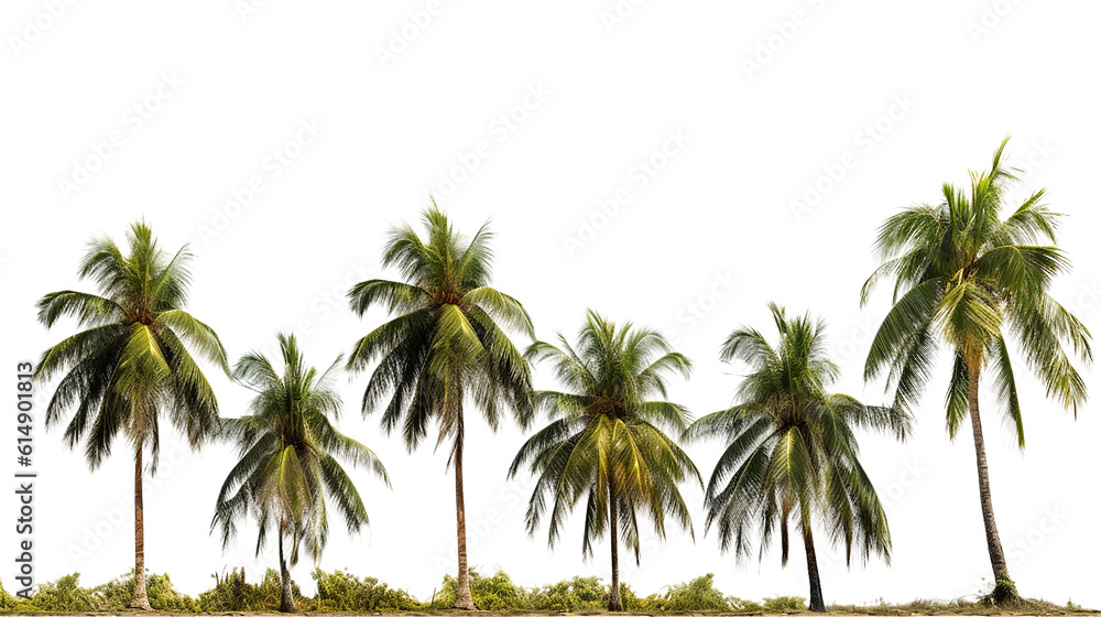 Group of tropical palm trees isolated on a white backdrop connected by island foliage , AI-generated