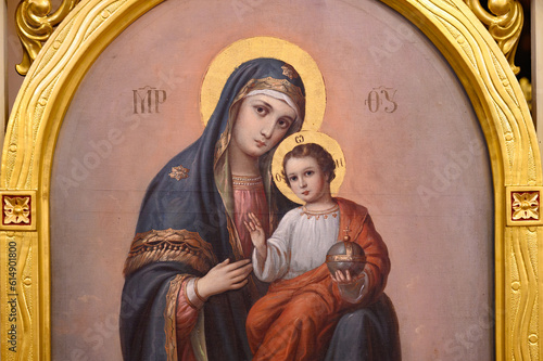 An Icon of the Mother of God with Infant Jesus. The Greek-Catholic Church of the Dormition of the Mother of God in Čemerné, Slovakia. 2023/02/05.