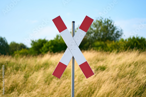 Traffic sign for a railroad crossing also called Andreas cross. Nature visible in the background.