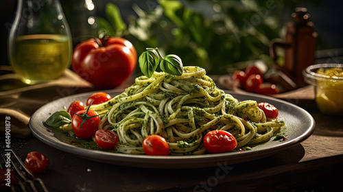 illustration of a pasta with pesto dish - AI generated image. photo