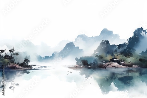 Japanese minimalist landscape with Chinese ink, artistic.