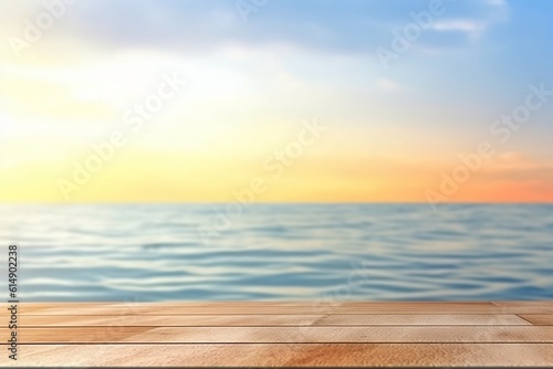 Empty wooden table for product display with blurred ocean background. Ai generative