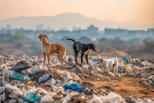 Stray dogs scavenge for food in a dump. Ai generated.