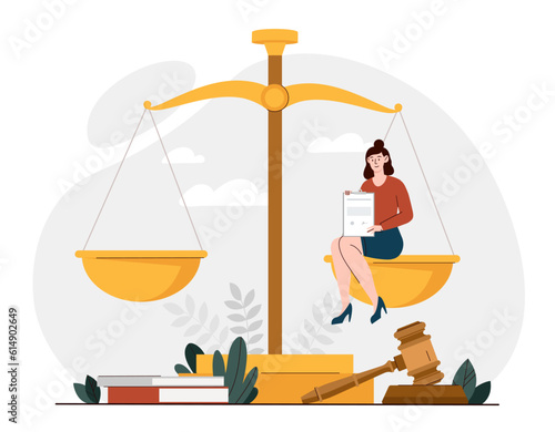 Notary license concept. Young girl with document in her hands sits on golden scale with hammer. Jurisprudence and legal support of transactions. Poster or banner. Cartoon flat vector illustration