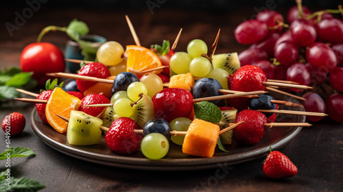 A platter of refreshing fruit kebabs, featuring a variety of colorful fruits threaded onto skewers,
