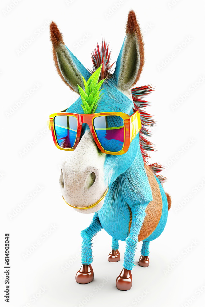 donkey in sunglasses, white background, colorful donkey