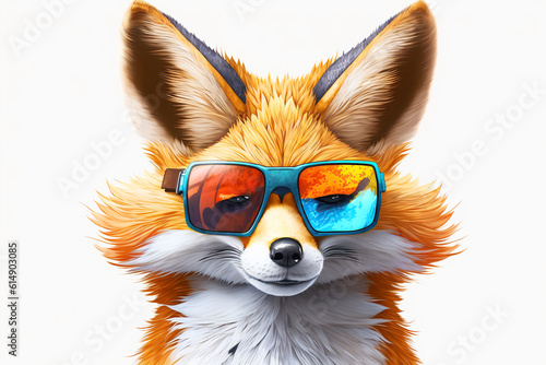 Cartoon colorful fox with sunglasses on white background. Created with generative AI