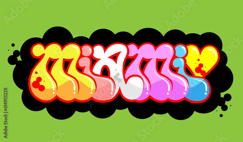 Miami graffiti bubble lettering vector Illustration colorful print