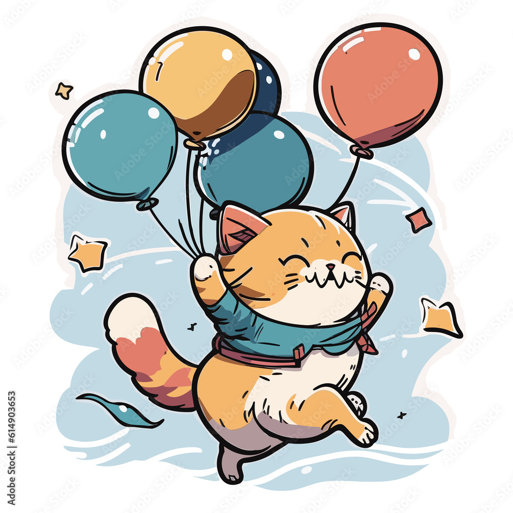 Naklejka premium Flying Feline Adventures: A Playful Cat with Balloons