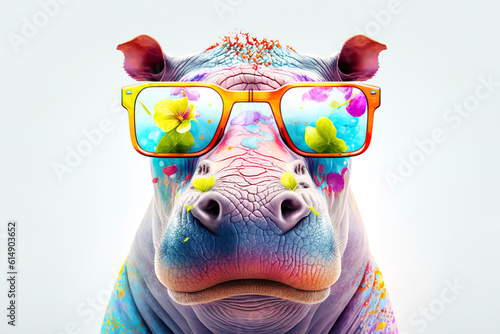 Fototapeta Cartoon colorful hippopotamus with sunglasses on white background