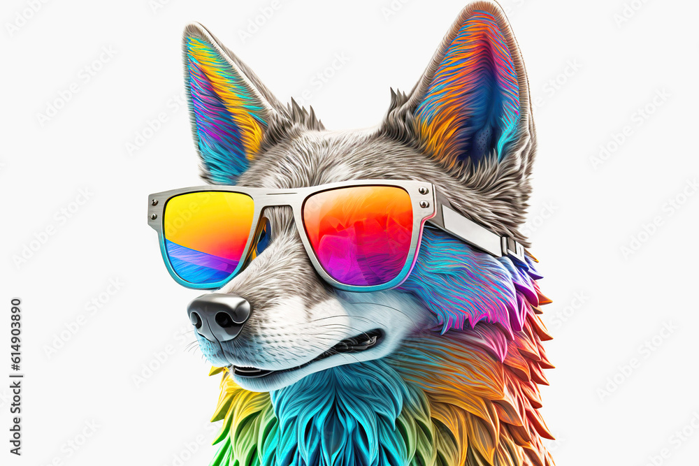 Cartoon colorful wolf with sunglasses on white background. Created with generative AI