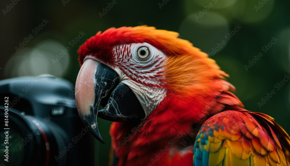 Endangered macaw perching on branch, vibrant feathers beautifully generated by AI