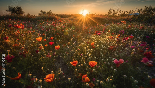 A vibrant meadow at dawn, wildflowers in multi colored blossom generated by AI