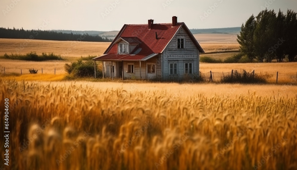 Sunset illuminates rustic farmhouse, wheat fields, and tranquil meadow generated by AI Sunset illuminates rustic farmhouse, wheat fields, and tranquil meadow generated by AI