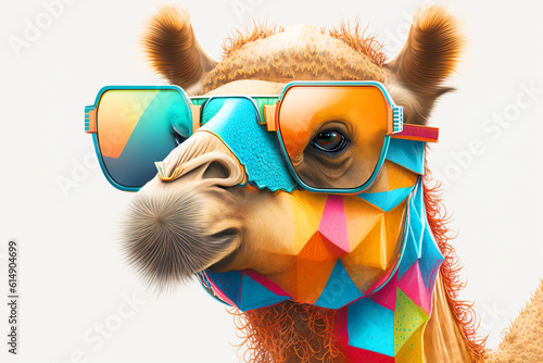 Cartoon colorful camel with sunglasses on white background. Created with generative AI © innluga