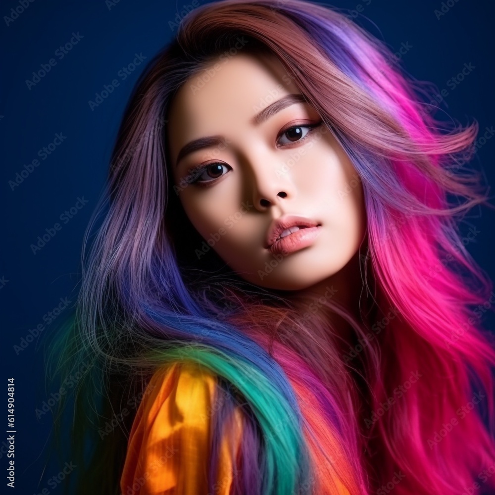 Portrait of beautiful asian girl with long hair and  bright makeup, strands dyed in colorful colors. Beautiful young japanese girl with bright makeup and colorful clothes. Asian beauty. AI generated