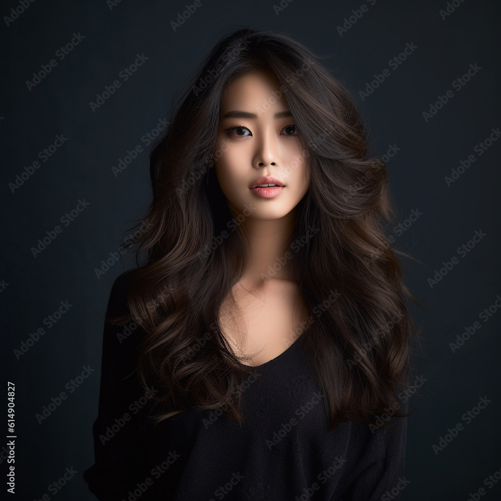 Fototapeta premium Close-up face of attractive asian girl with black long straight hair and natural makeup, studio shot. Portrait of beautiful asian woman with professional makeup and hairstyle. Skin care. AI generated