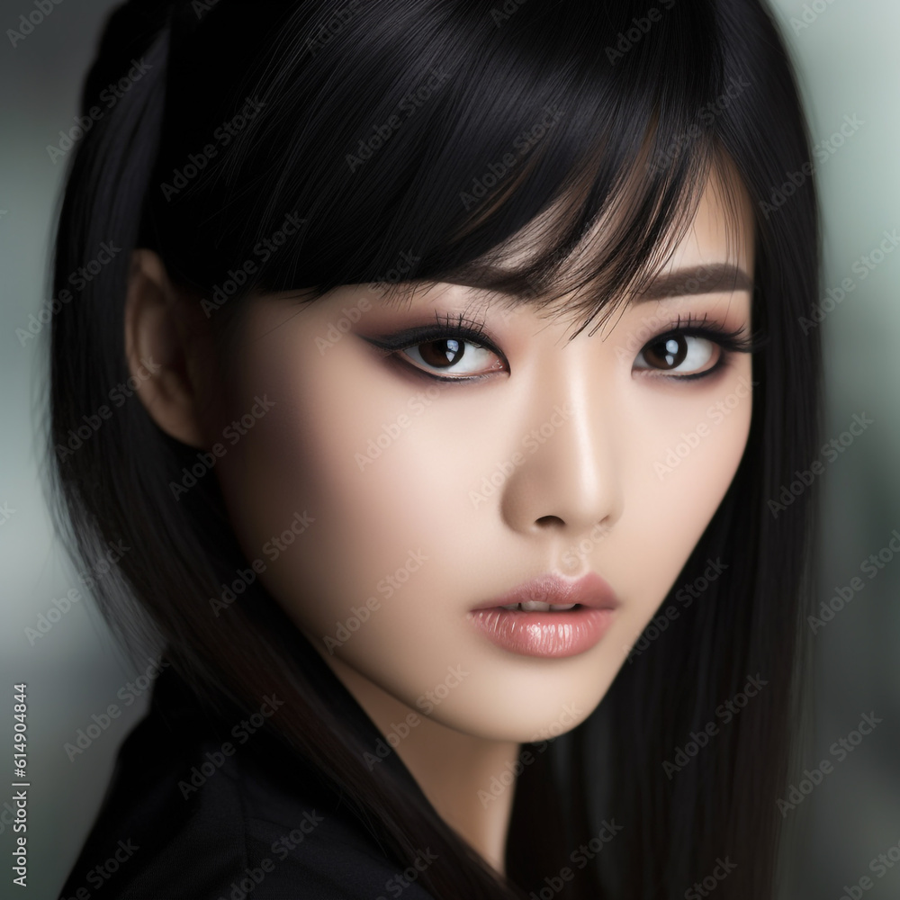 Portrait of beautiful asian woman with professional makeup and hairstyle. Close-up face of attractive asian girl with black long straight hair and makeup, studio shot. 3d render. AI generated Portrait of beautiful asian woman with professional makeup and hairstyle. Close-up face of attractive asian girl with black long straight hair and makeup, studio shot. 3d render. AI generated