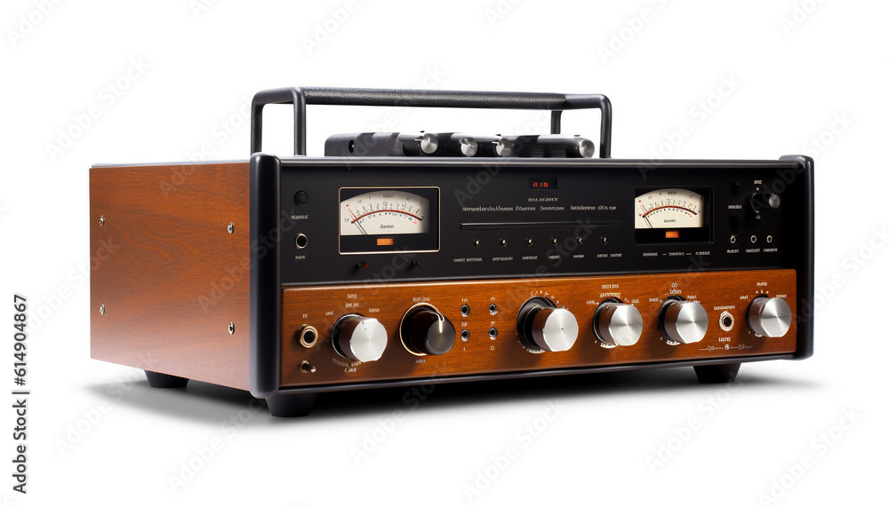 Obraz premium Antique tuner knob controls frequency on old fashioned broadcasting equipment generated by AI