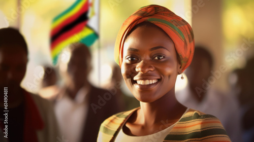 Elections in Zimbabwe. Portrait smiling and attractive young african woman in a bright scarf on his head stands at a polling station. Zimbabwe flag on background. The concept of elections in Africa