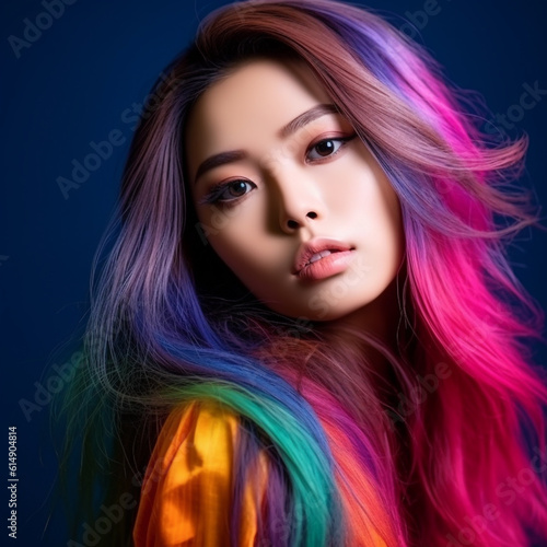 Portrait of beautiful asian girl with long hair and  bright makeup  strands dyed in colorful colors. Beautiful young japanese girl with bright makeup and colorful clothes. Asian beauty. AI generated