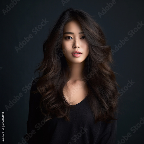 Close-up face of attractive asian girl with black long straight hair and natural makeup, studio shot. Portrait of beautiful asian woman with professional makeup and hairstyle. Skin care. AI generated