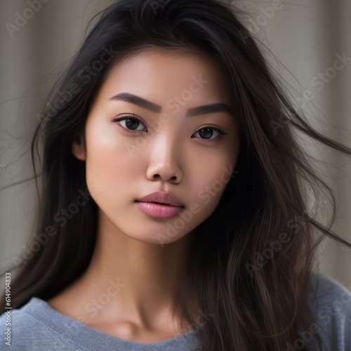 Close-up face of attractive asian girl with black long straight hair and natural makeup, studio shot. Portrait of beautiful asian woman with professional makeup and hairstyle. Skin care. AI generated