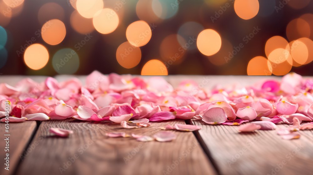 Wooden table top with rose petals blur background in bokeh style. Beautiful rose petals. Realistic 3D illustration. Generative AI Wooden table top with rose petals blur background in bokeh style. Beautiful rose petals. Realistic 3D illustration. Generative AI