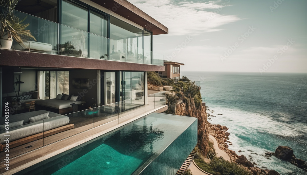A modern luxury apartment with balcony overlooking tranquil coastline generated by AI A modern luxury apartment with balcony overlooking tranquil coastline generated by AI