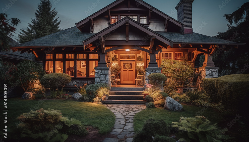 The luxury cottage modern design illuminates the comfortable summer dusk generated by AI