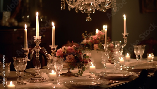 The luxurious wedding ceremony was illuminated by candlelight and chandeliers generated by AI