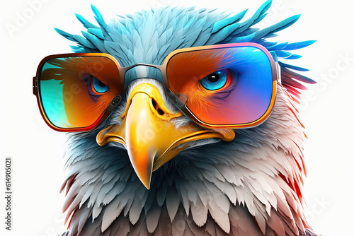 Cartoon colorful eagle with sunglasses on white background. Created with generative AI